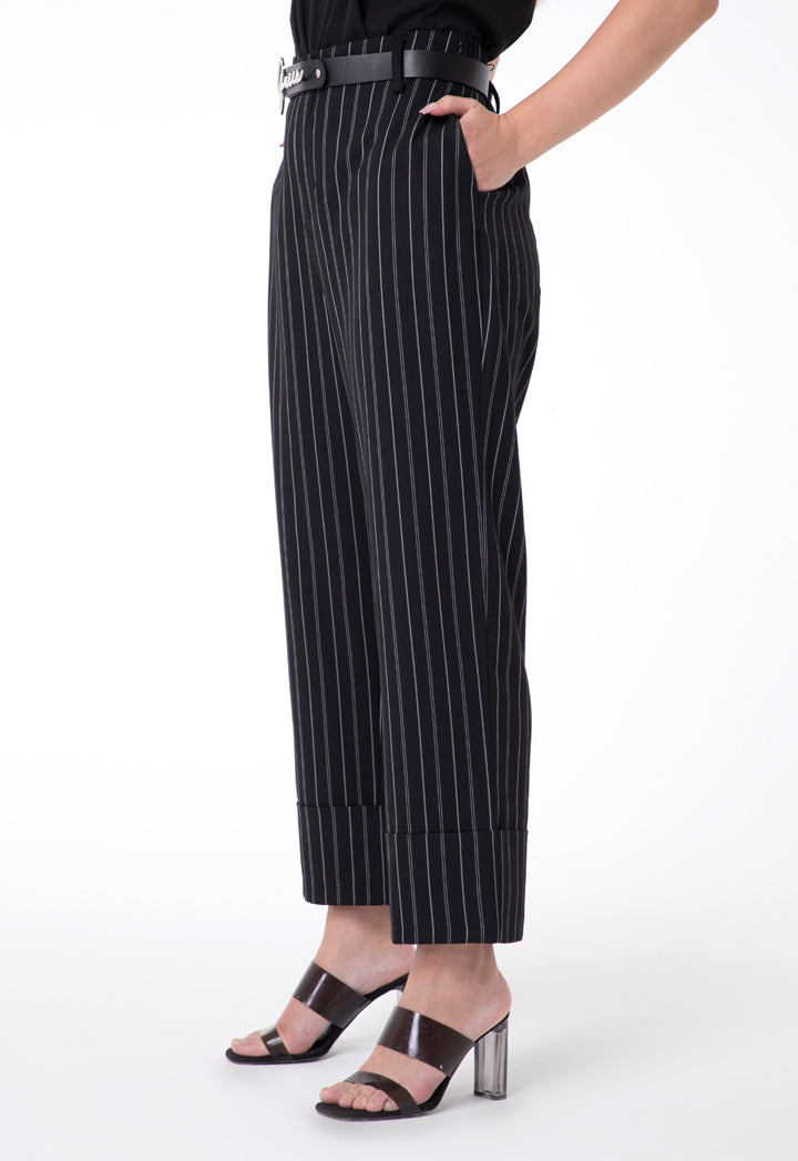 BERRIN Striped High Waist Belted Trouser BLACK