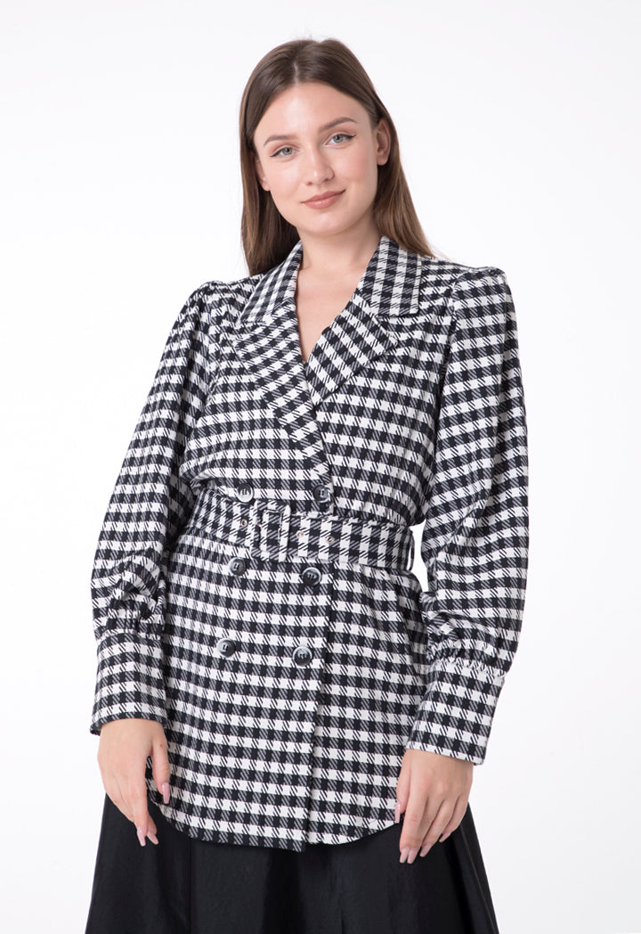 BERRIN Checked Notch Collar Double Breasted Belted Jacket BLACK