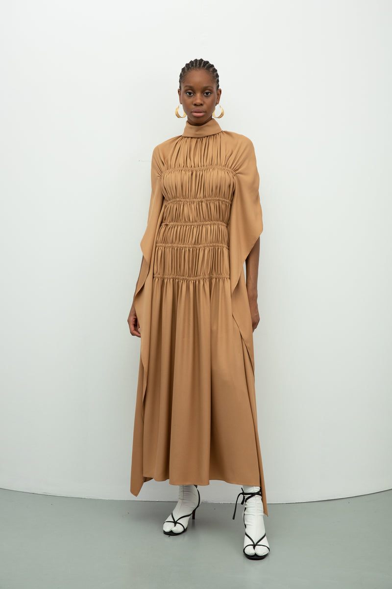 Baqa Detailed Sleeve Shirred Dress Camel