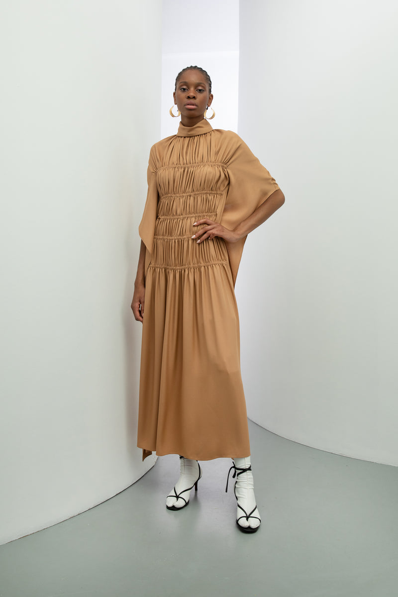 Baqa Detailed Sleeve Shirred Dress Camel