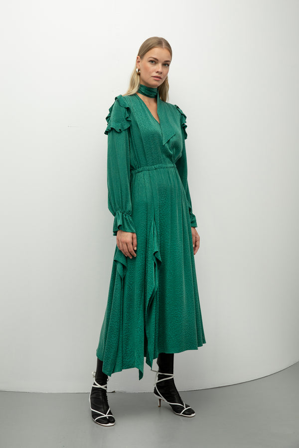 Baqa Ruffle Detail Midi Dress Green