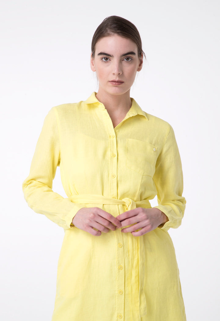 Brax Linen Long Sleeve Belted A-Line Shirt Dress Yellow