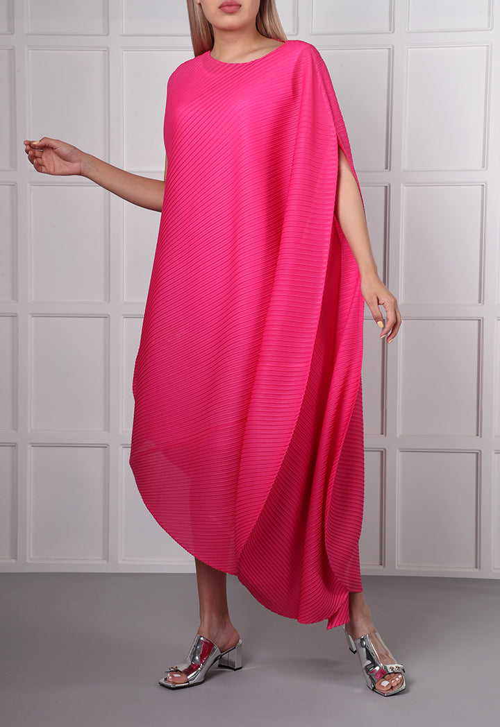 Choice Diagonal Pleated Pattern Dress Fuchsia - Wardrobe Fashion