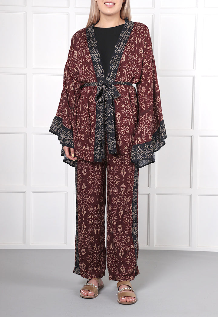 Choice Geometric Print Kimono Cardigan Burgundy - Wardrobe Fashion