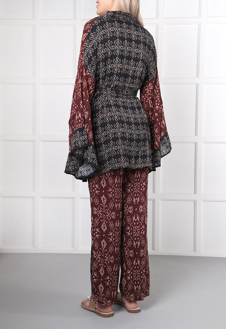Choice Geometric Print Kimono Cardigan Burgundy - Wardrobe Fashion
