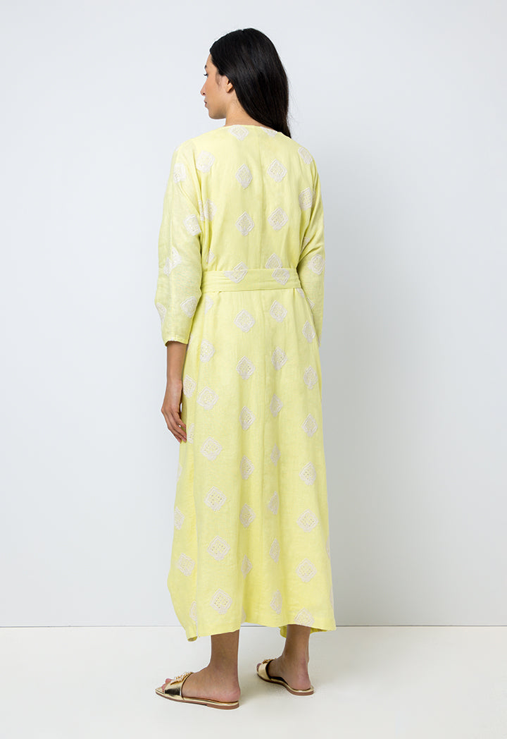 Choice Embroidered Sequins Kimono Sleeves Abaya Yellow