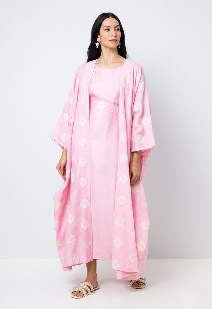Choice Embroidered Sequins Kimono Sleeves Abaya Pink