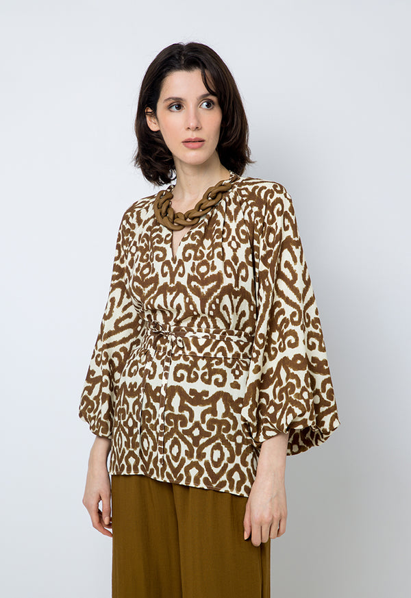 Choice Patterned Blouse With Chain Collar Brown