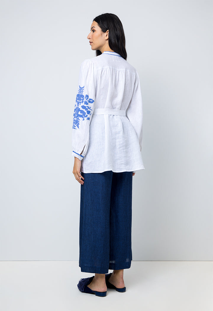 Choice Embroidered Print Shirt With Belt Offwhite