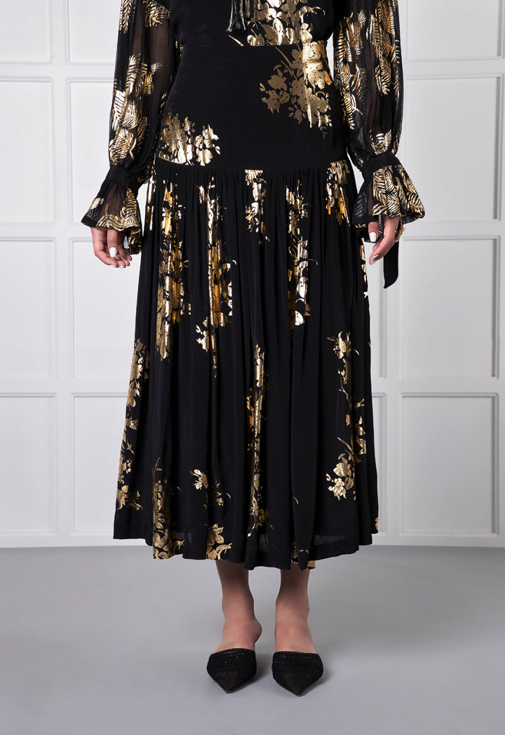 Choice Black Floral Foil Print Skirt Black - Wardrobe Fashion