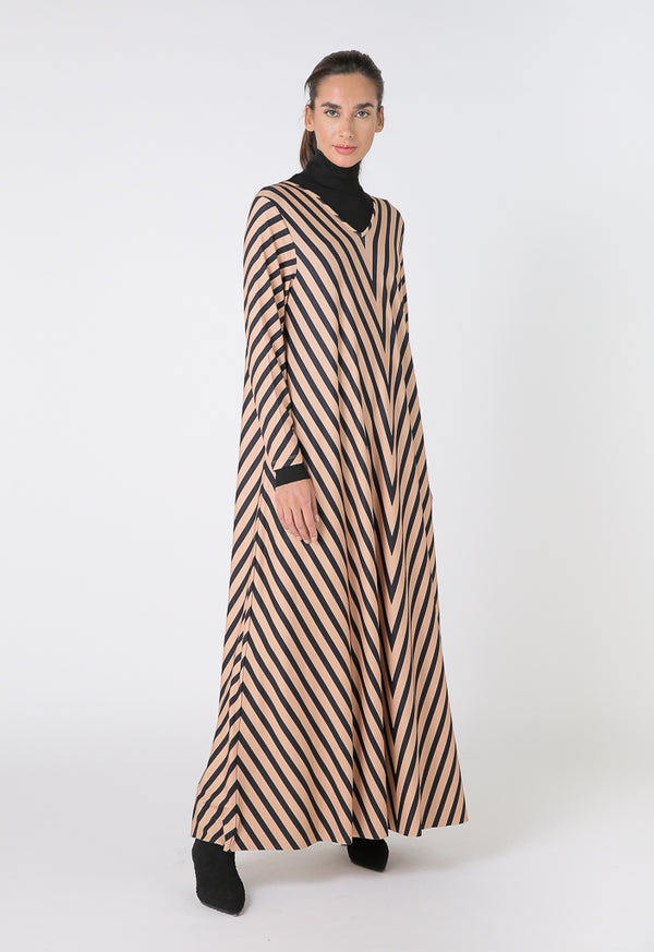 Choice Striped Long Sleeve Maxi Dress Caramel