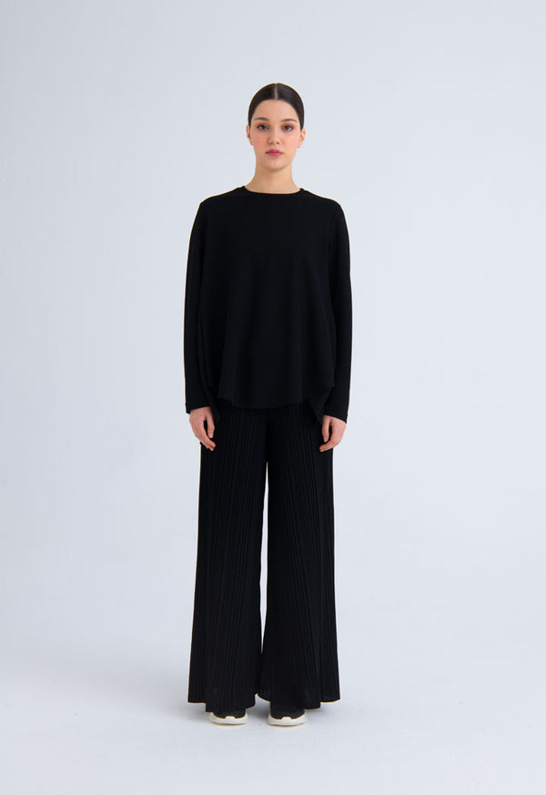 Choice Solid Color Knitted Pleated Culottes Black