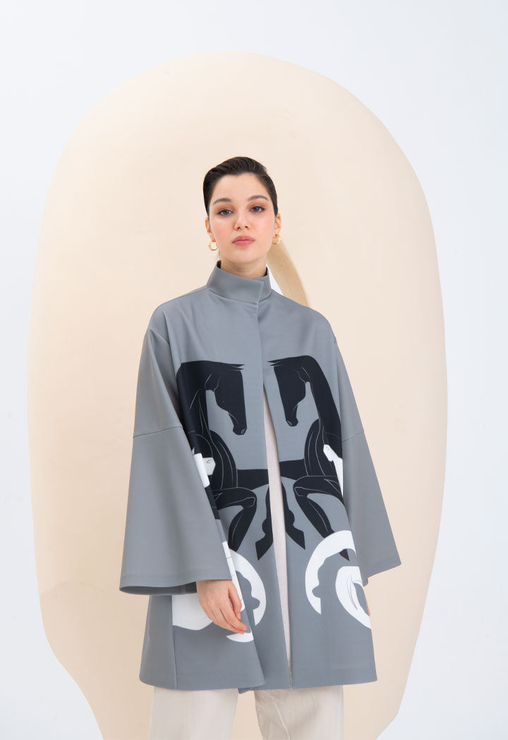 Choice Placement Print Stand Collar Neoprene Outerwear Khaki