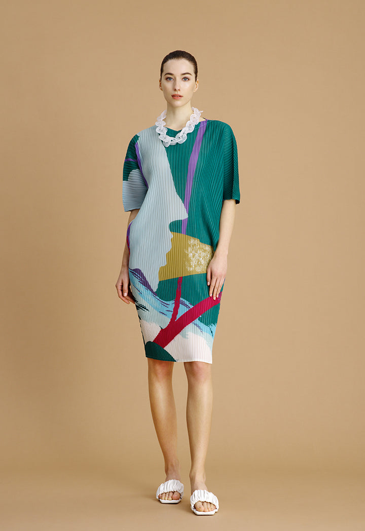 Choice Abstract Printed Pleated Dress Multicolor