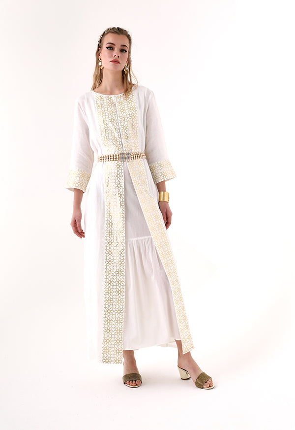 Choice Geometric Gold Print Abaya  Offwhite - Wardrobe Fashion
