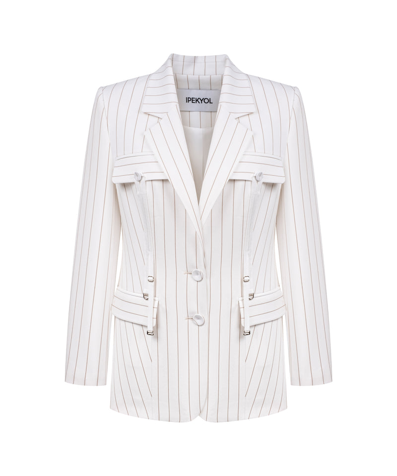 Ipekyol Striped Blazer With Adjustable Grosgrain Detail Ecru