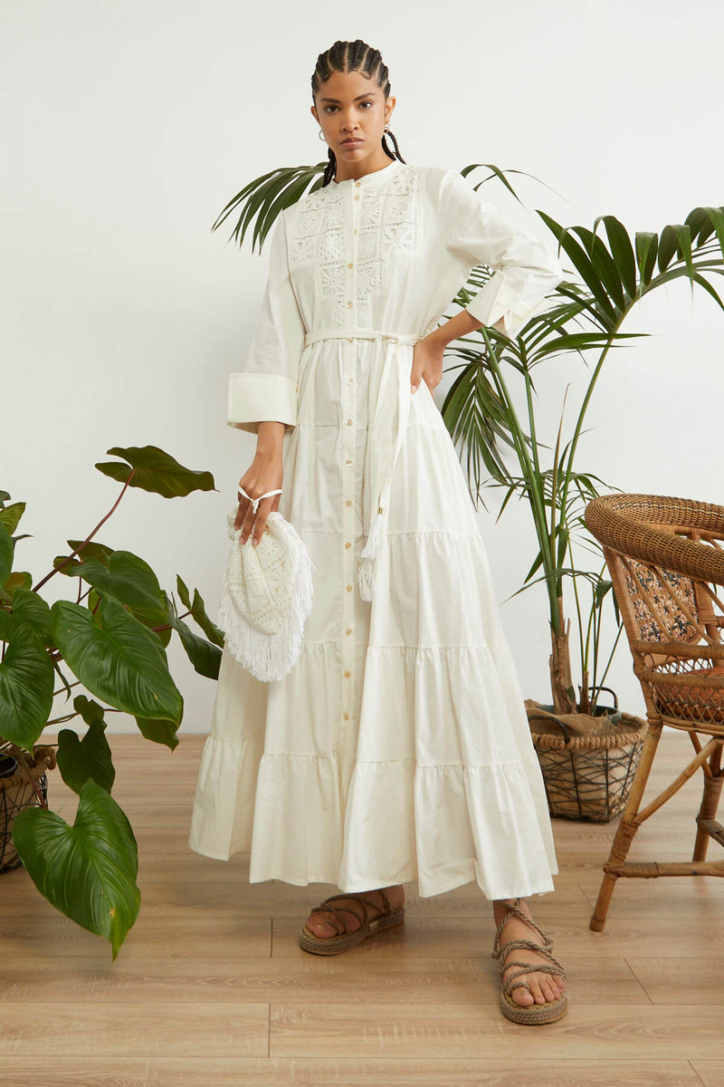 Souvenir Laced Yoke Tiered Solid Dress White