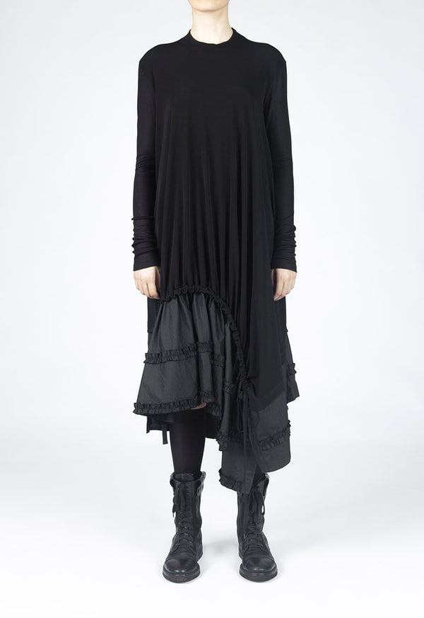 Nu Long Sleeve Asymmetrical Tiered Hem Dress Black
