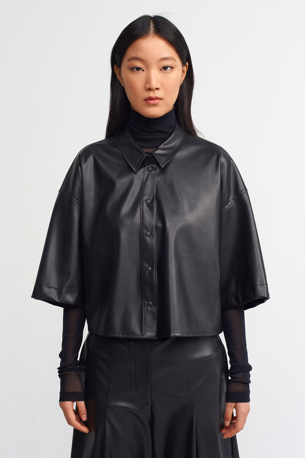 NU Solid Faux Leather Trendy Shirt Black