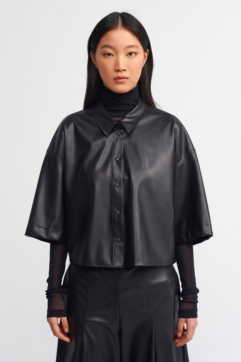 NU Solid Faux Leather Trendy Shirt Black