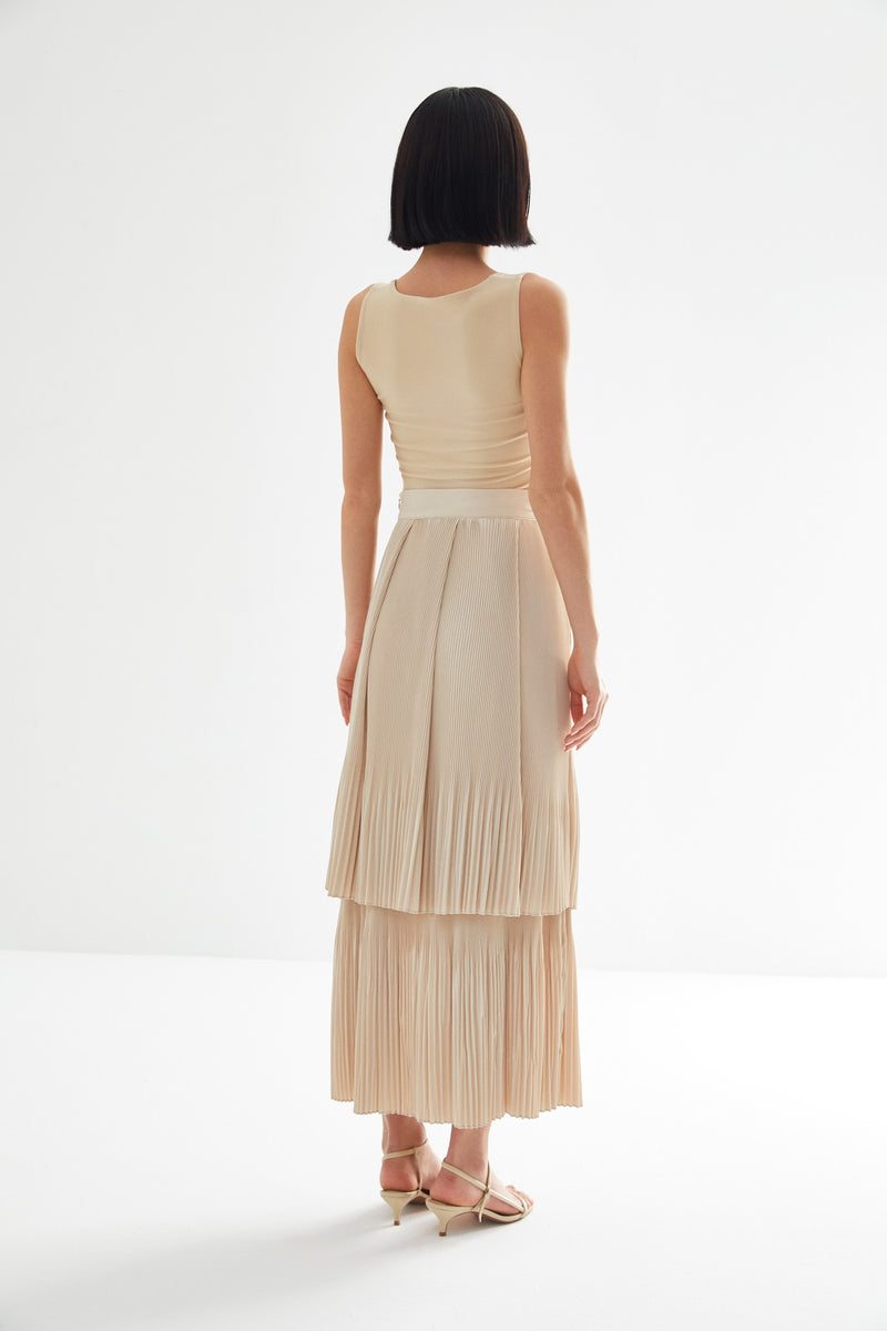 Kevsersarioglu Pleated Layered Skirt Beige