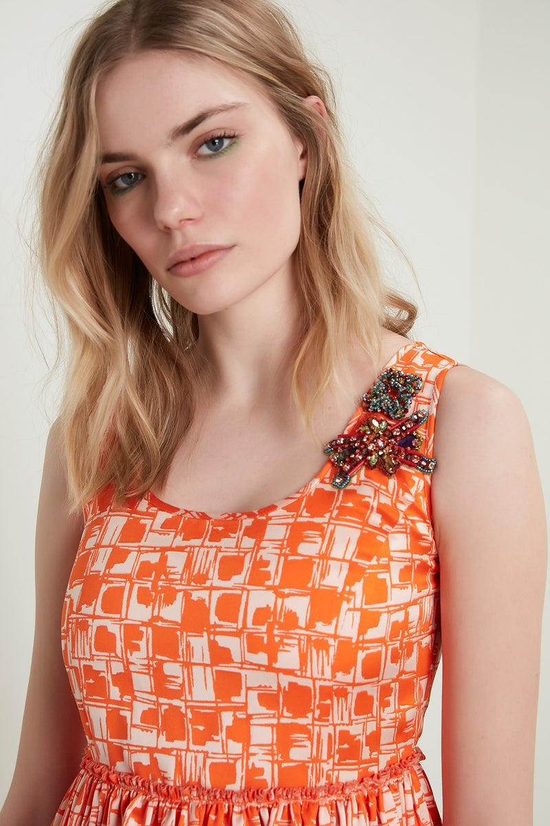 Machka Printed Sleeveless Shoulder-Embellished A-Line Mini Dress Orange