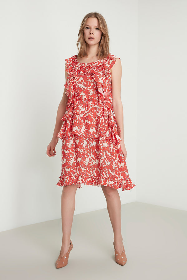 Machka Printed Sleeveless A-Line Layered Short Dress Red