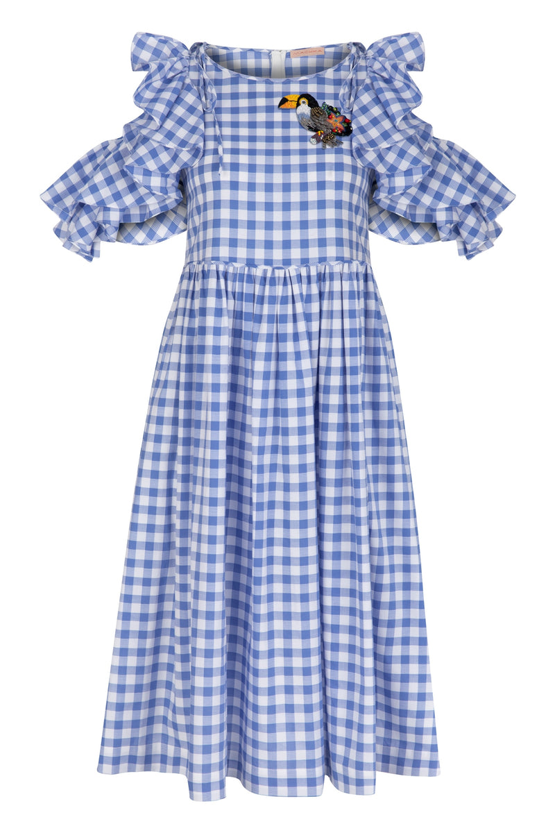 Machka Checkered Cold Shoulder With Ruffle Detail A-Line Short Dress Sky Blue