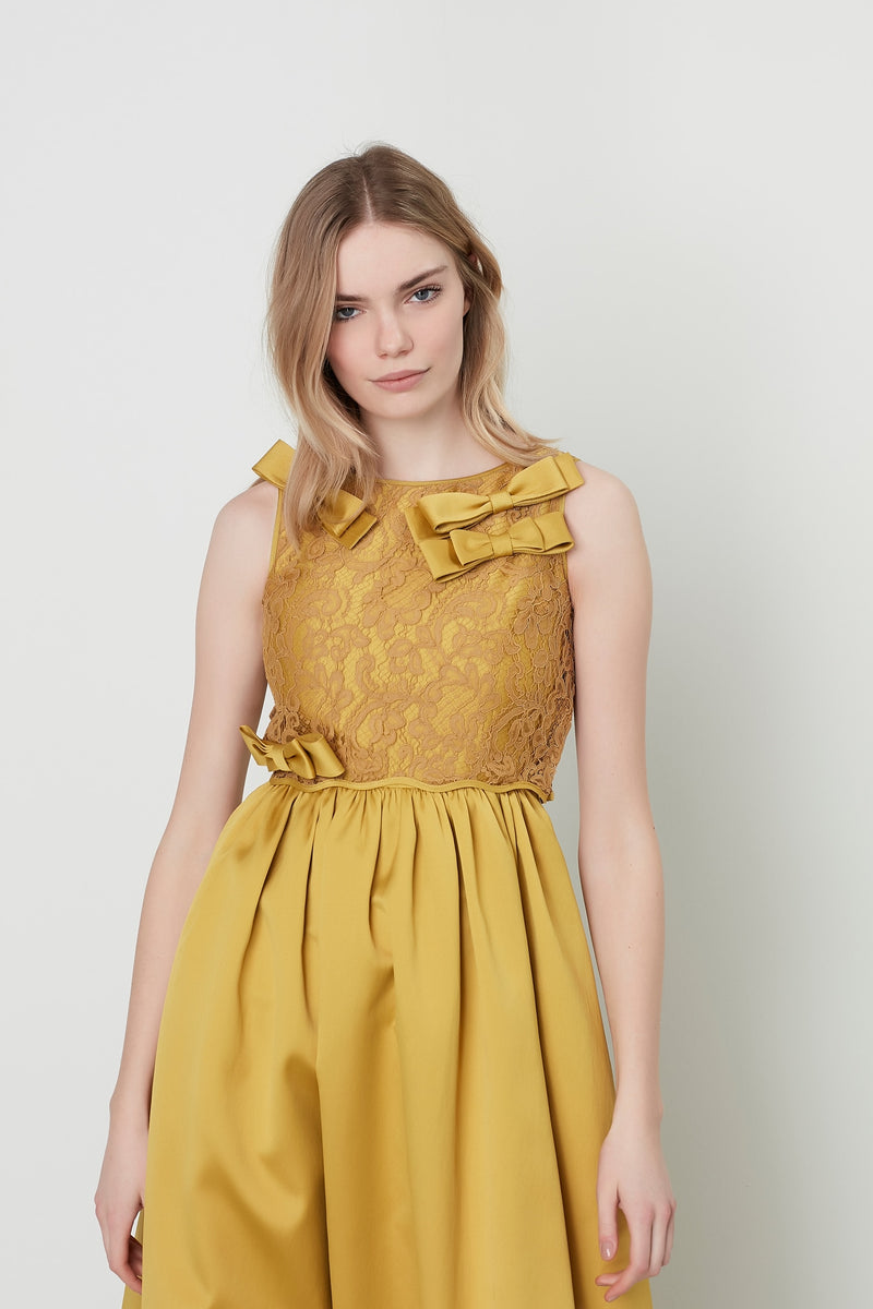 Machka Sleeveless Bow-Front Lace Detail A-Line Long Dress Mustard