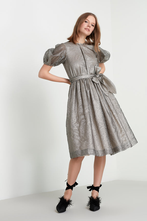 Machka Lurex Belted Dress Silver