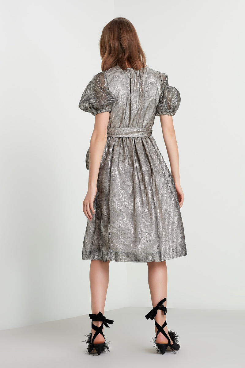 Machka Lurex Belted Dress Silver