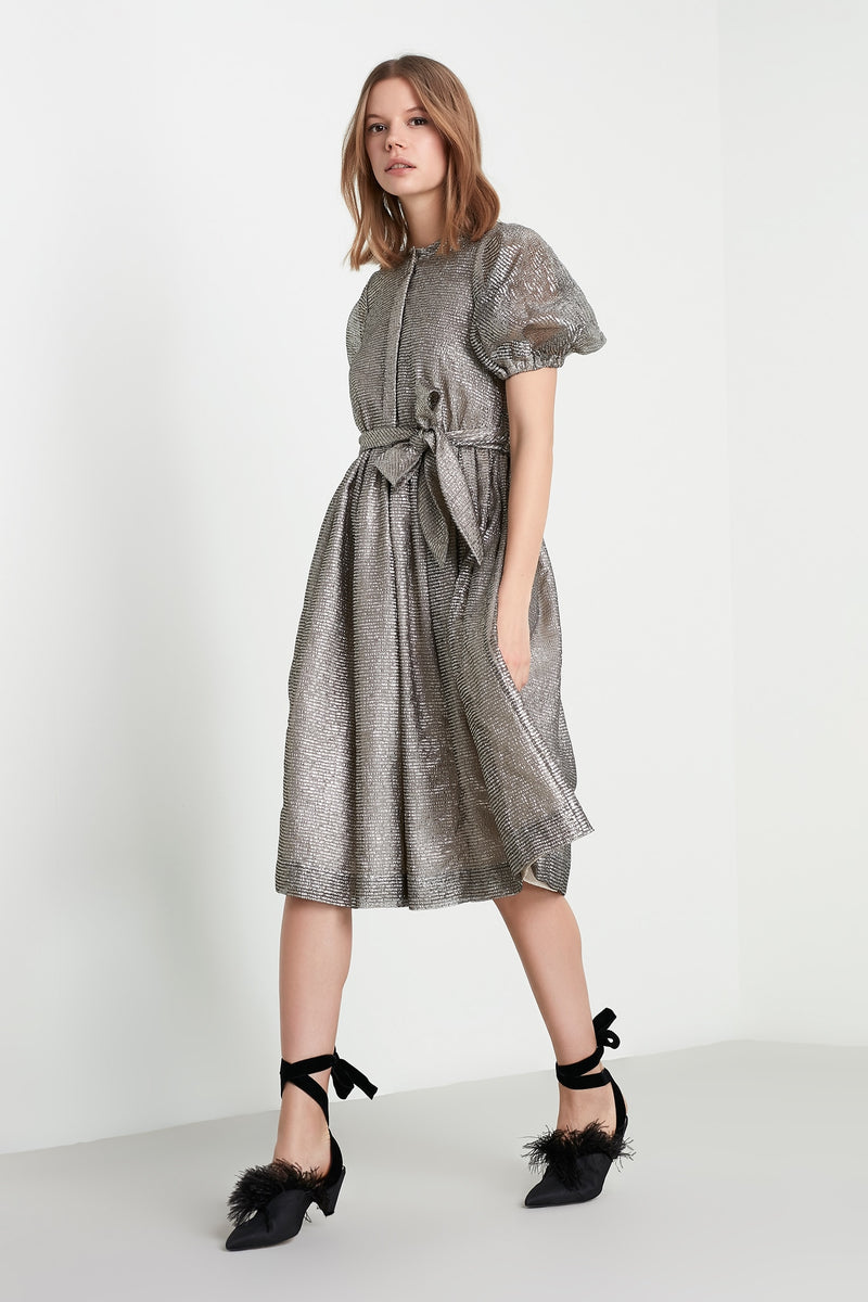 Machka Lurex Belted Dress Silver