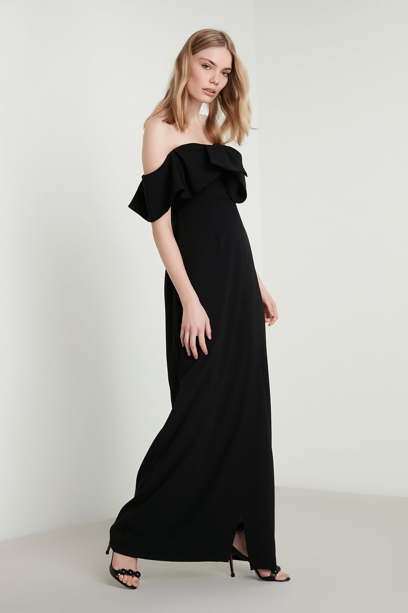 Machka Off Shoulder Bow-Front A-Line Long Dress Black