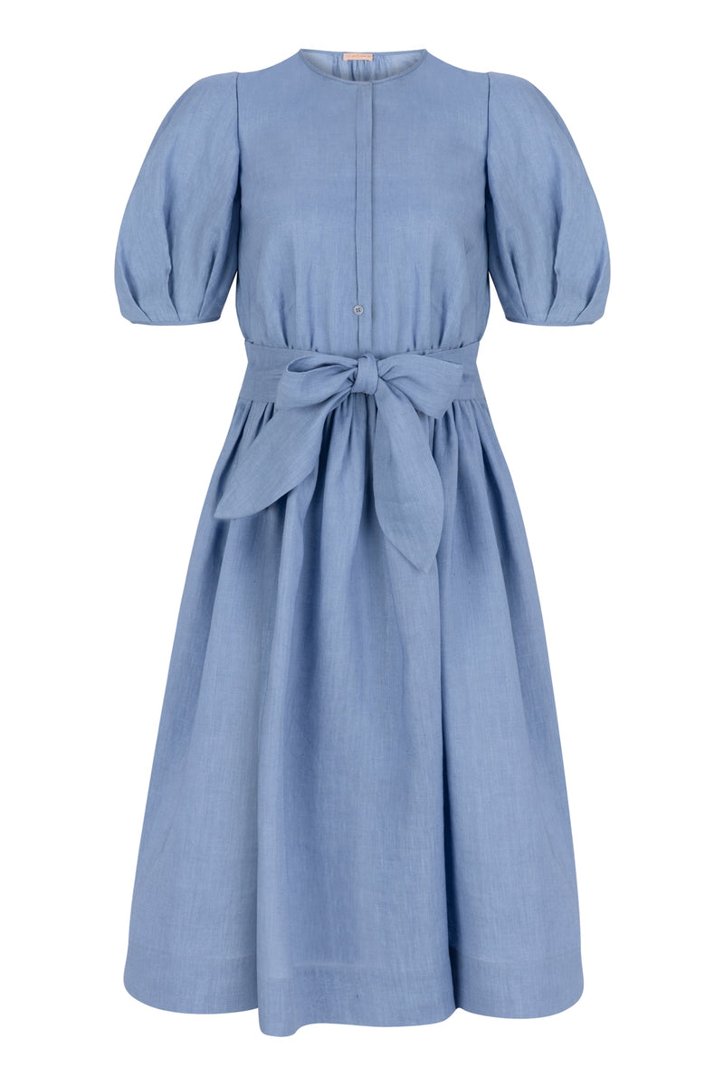 Machka Dress Linen Solid 3/4 S Sky Blue