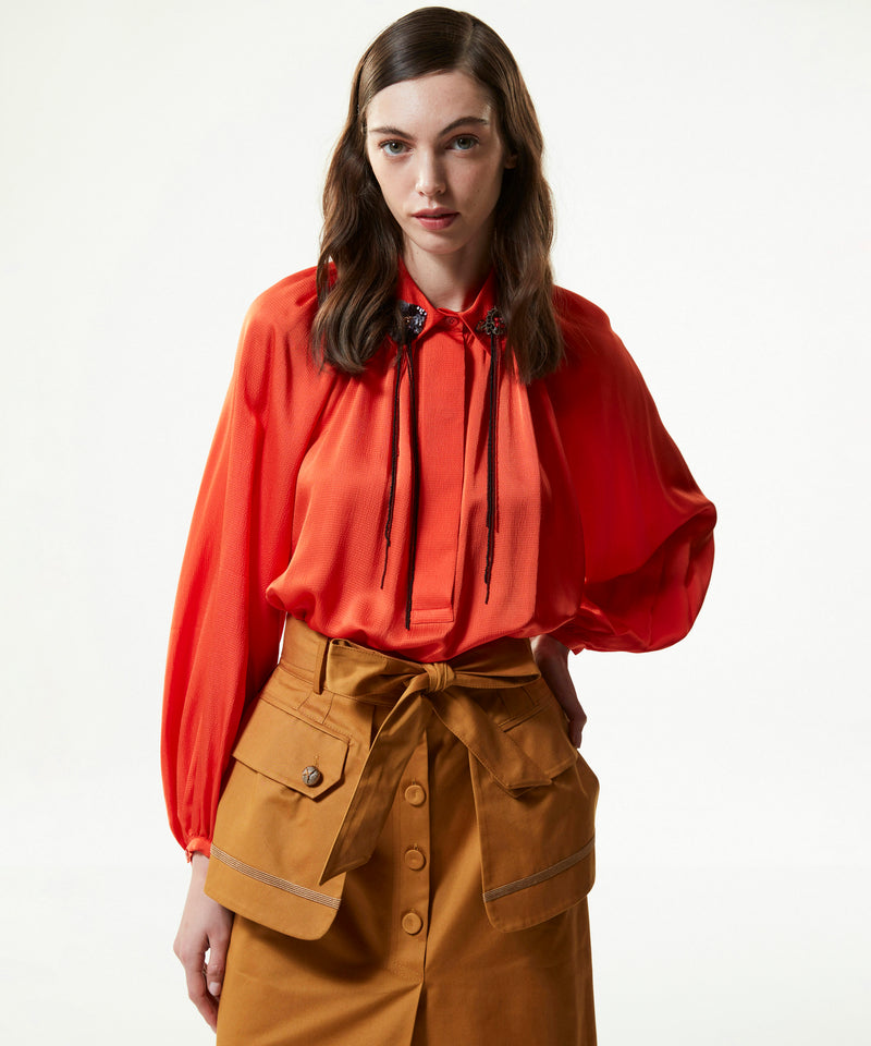 Machka Wide Cut Blouse With Floral Module Embroidered Orange