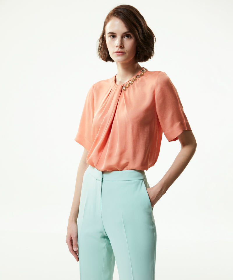 Machka Crystal-Stone Shirred Blouse Salmon