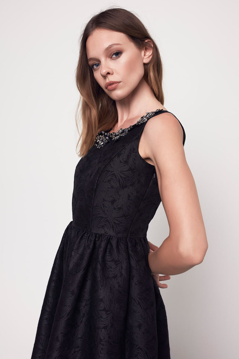 Machka Jacquard Jewel Neckline Dress Black