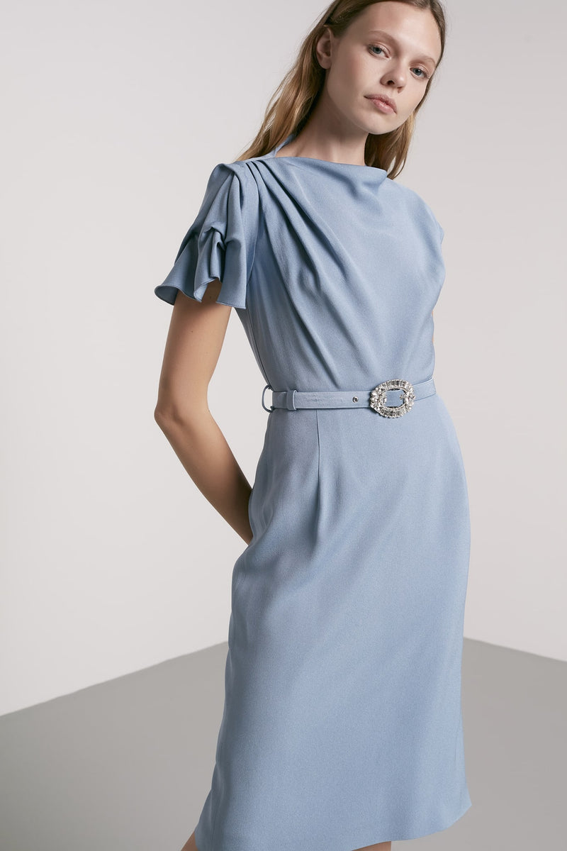 Machka Asymmetrical Sleeve Belted Dess Light Blue