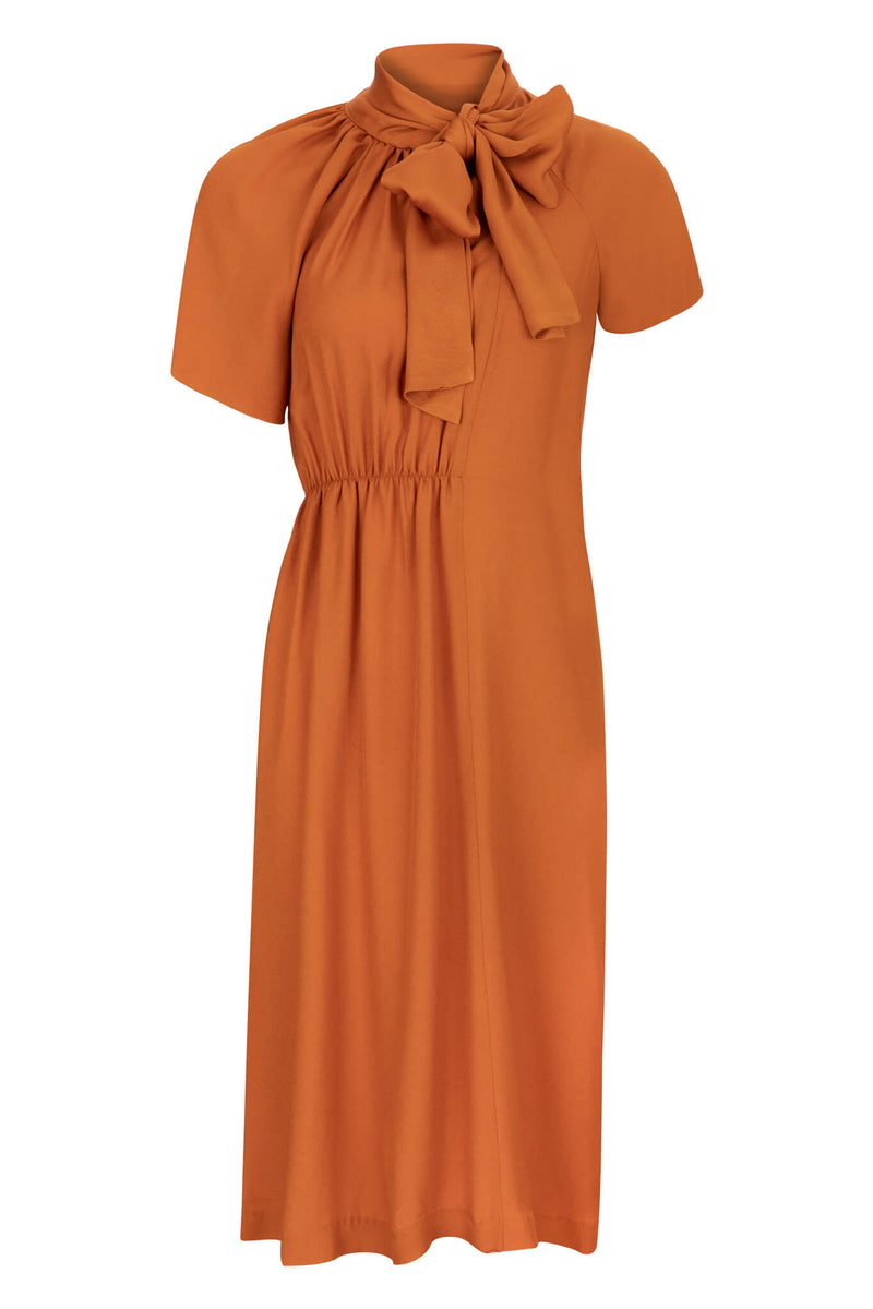 Machka Asymmetrical Sleeve Elastic Detail Dress Brown