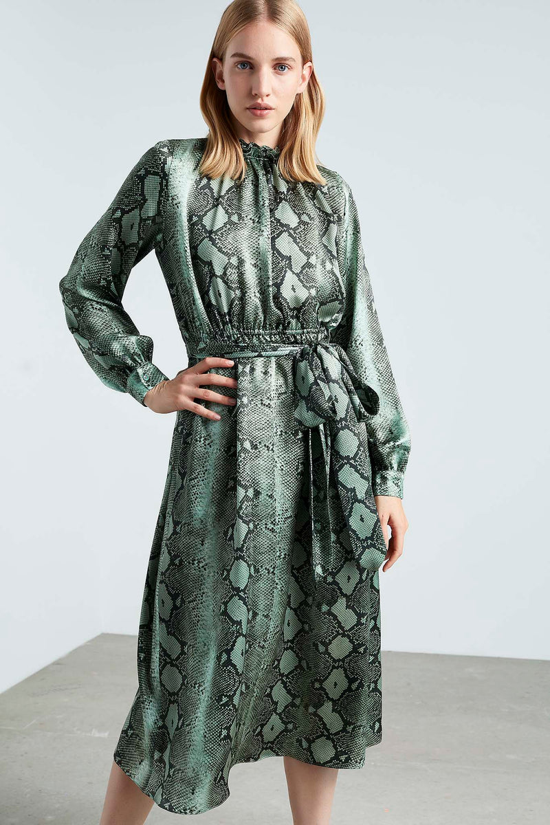 Machka Snake Print Long Sleeve Midi Dress Petroleum