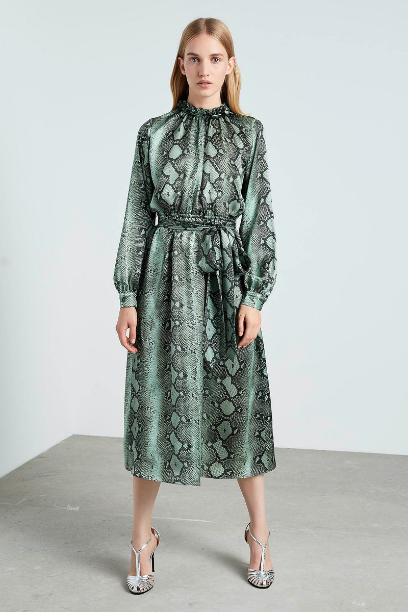 Machka Snake Print Long Sleeve Midi Dress Petroleum