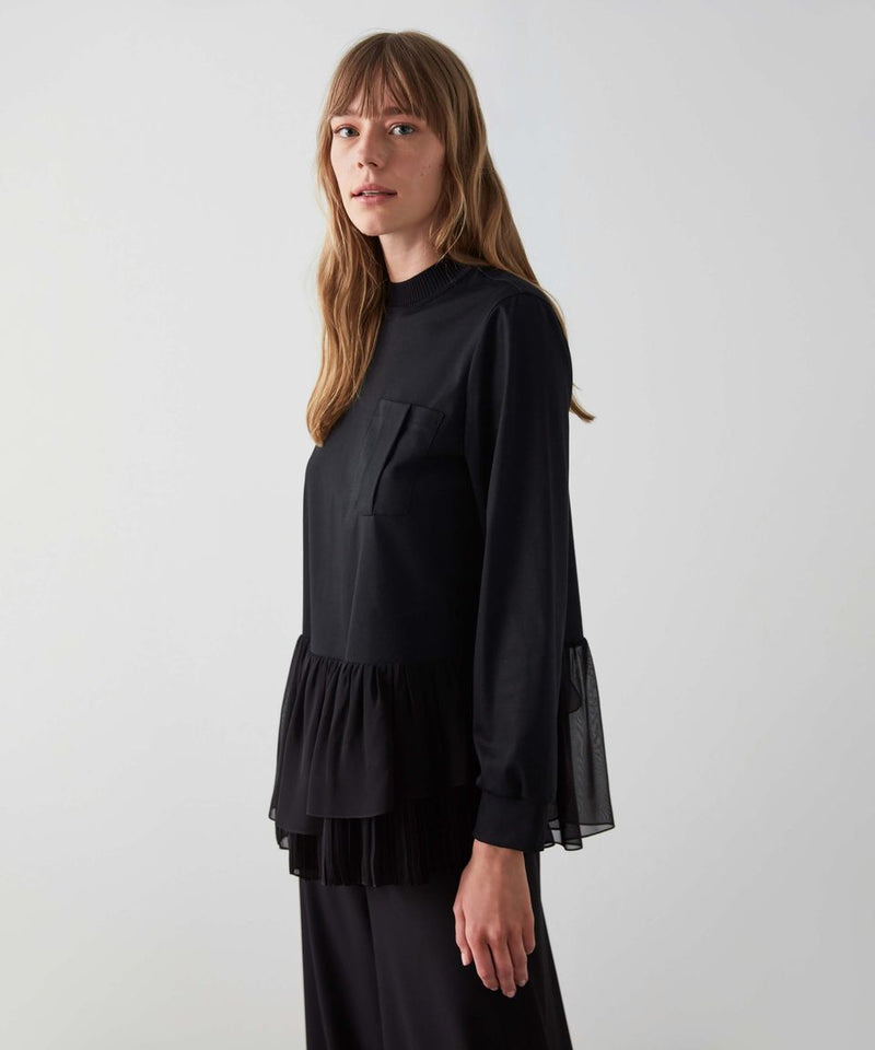 Machka Chiffon Pleated Detailed T-Shirt Black