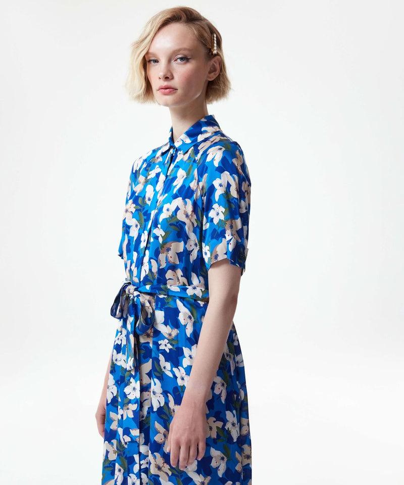 Machka Floral Printed Midi Dress With Belt Electric Blue