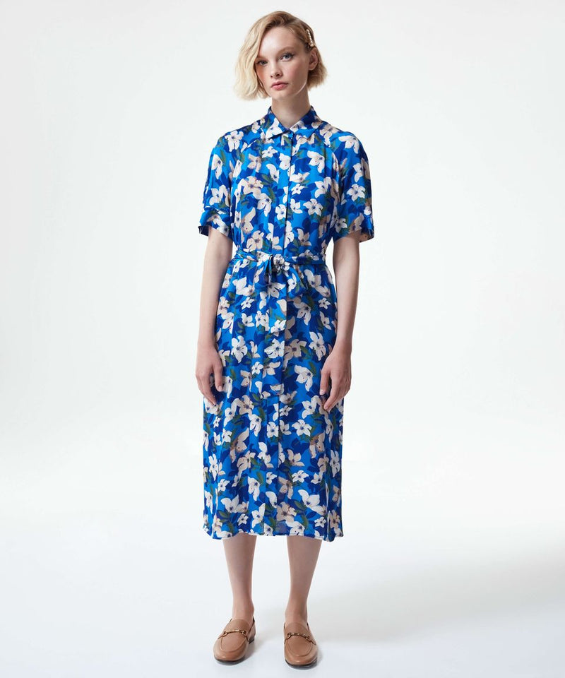 Machka Floral Printed Midi Dress With Belt Electric Blue