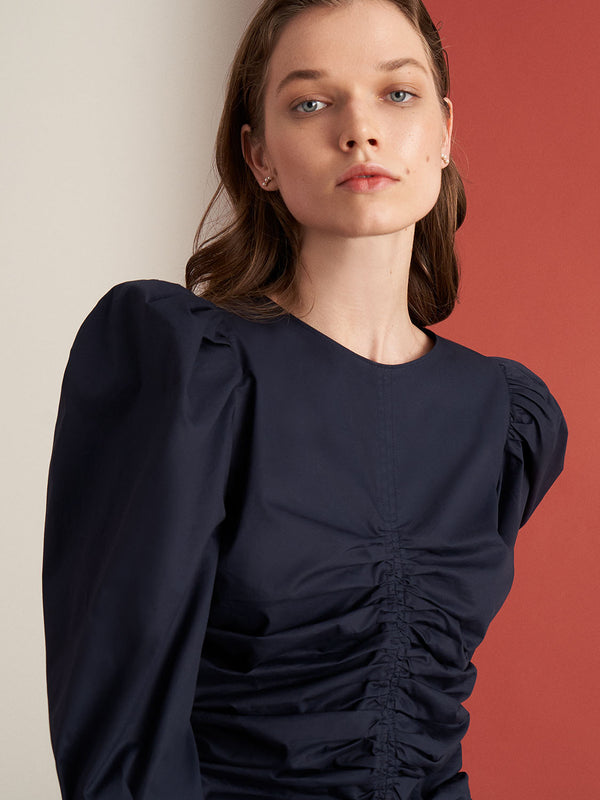 Nocturne Long Sleeve Gathered Detail Blouse Navy Blue