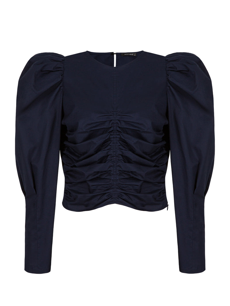 Nocturne Long Sleeve Gathered Detail Blouse Navy Blue