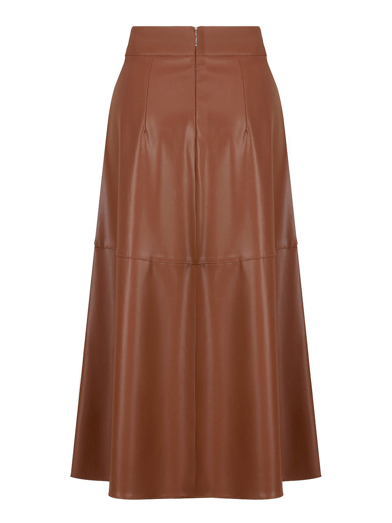 Nocturne Synthetic Leather Flared Skirt Camel