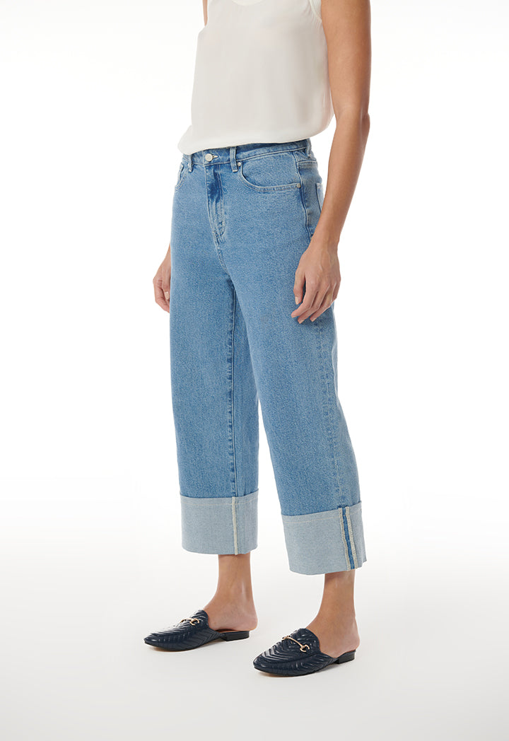 Choice Folded Hem Solid Denim Jeans Light Blue