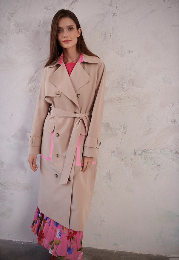 Choice Double Breasted Coat With Self Belt Beige