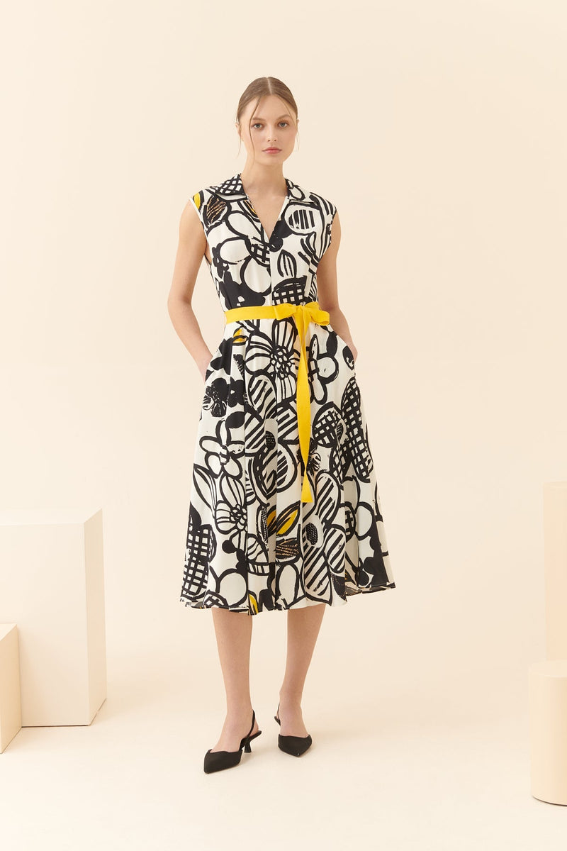 Roman Floral Pattern Belted Midi Dress Multi Color